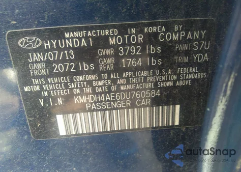 2013 Hyundai Elantra Gls (Ulsan Plant) из США, поврежденный, VIN KMHDH4AE6DU760584